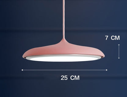 Rose gold pendant light with a matte finish and circular design, 7 cm tall by 25 cm wide.