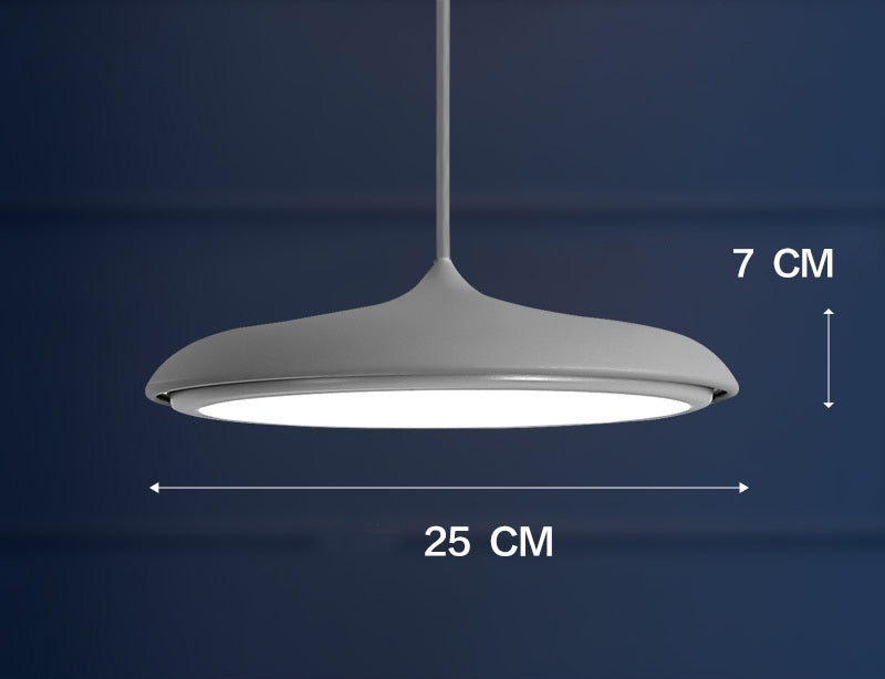 White pendant light with a modern design and dimensions of 25 cm in diameter, featuring an integrated led panel.