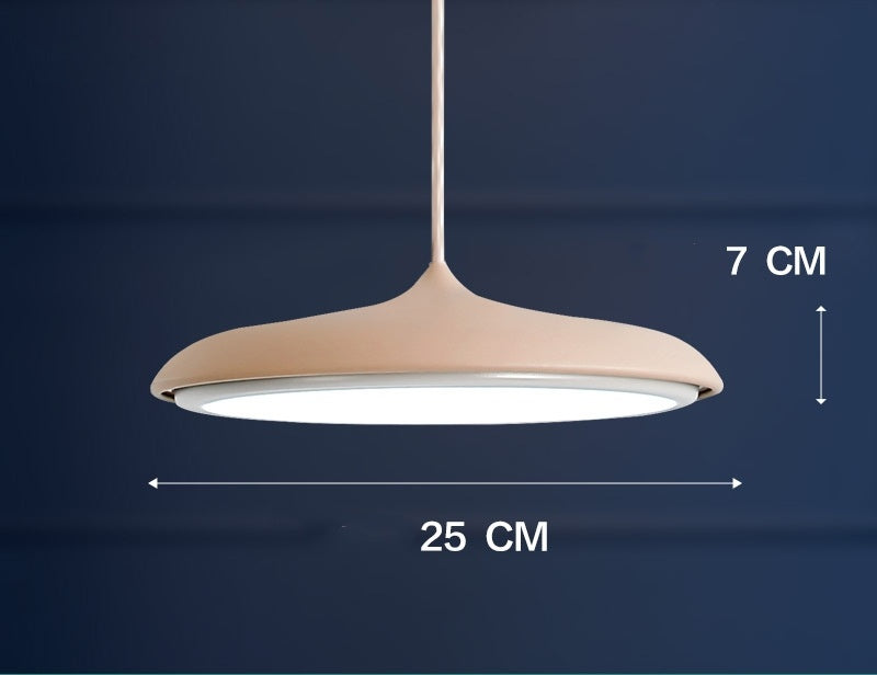 Beige pendant light with a modern design and white led panel, 25 cm wide.