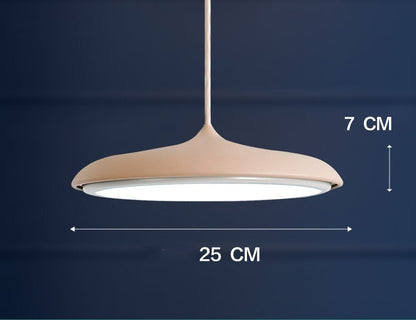Beige pendant light with a modern design and white led panel, 25 cm wide.