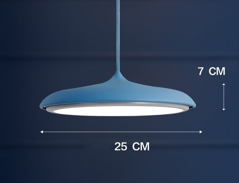 Blue pendant light with a modern design and matte finish.