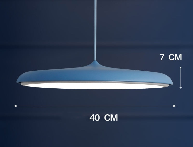 40 cm diameter blue pendant light with a 7 cm height, featuring an elegant modern design.