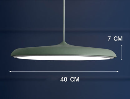 40 cm wide pendant light with a matte green finish and white interior.