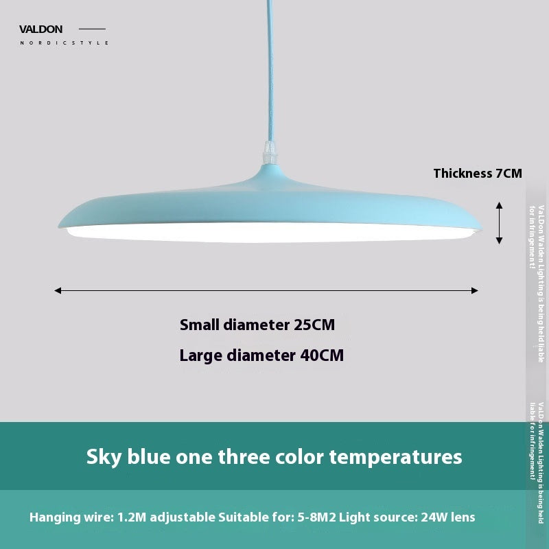 Sky blue pendant light with adjustable hanging wire and 24w lens, suitable for modern interior design.