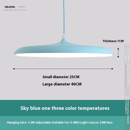 Sky blue pendant light with adjustable hanging wire and 24w lens, suitable for modern interior design.