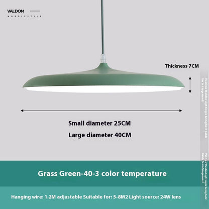 Grass green pendant light with 24w lens and adjustable hanging wire.