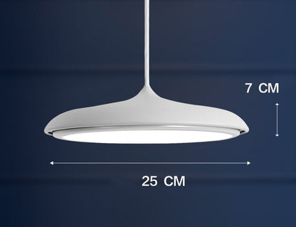 White modern pendant light with a sleek, minimalist design and dimensions of 25 cm x 7 cm.