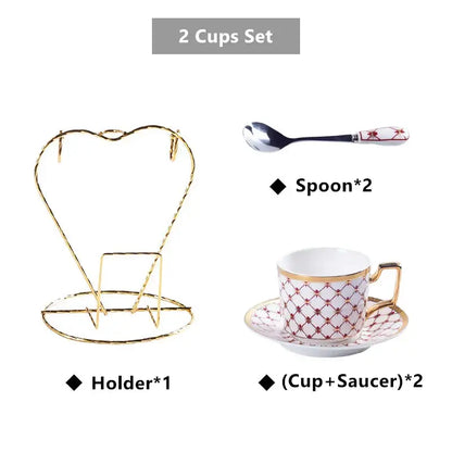 Gold heart-shaped metal cup holder with twisted wire design for nordic navy and gold bone china coffee set