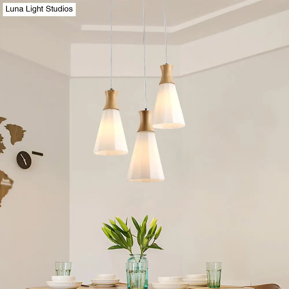 Nordic Opal Frosted Glass 3-Bulb Conical Ceiling Light Pendant with Wood Accents - Ideal for Dining Rooms