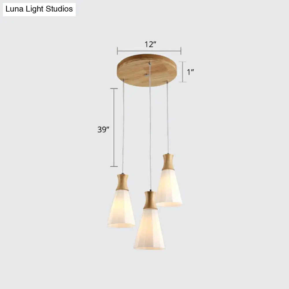 Nordic Opal Frosted Glass 3-Bulb Conical Ceiling Light Pendant with Wood Accents - Ideal for Dining Rooms