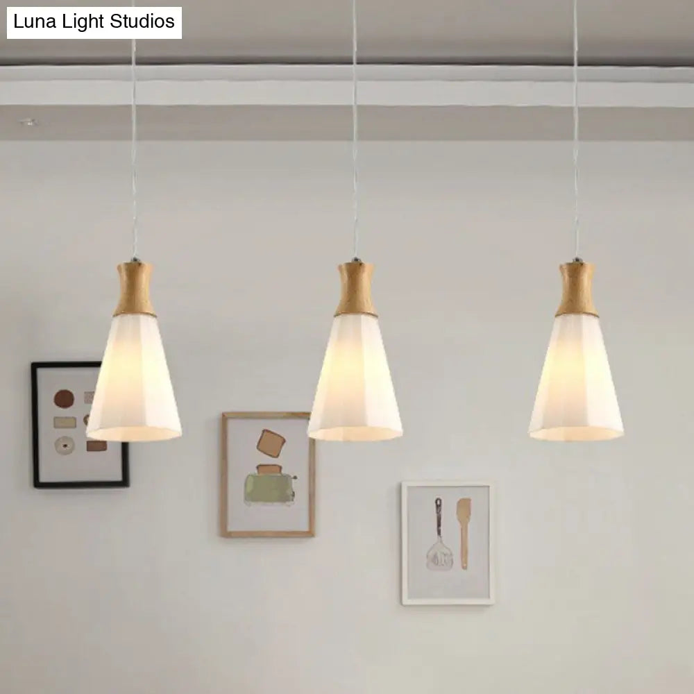 Nordic Opal Frosted Glass 3-Bulb Conical Ceiling Light Pendant with Wood Accents - Ideal for Dining Rooms