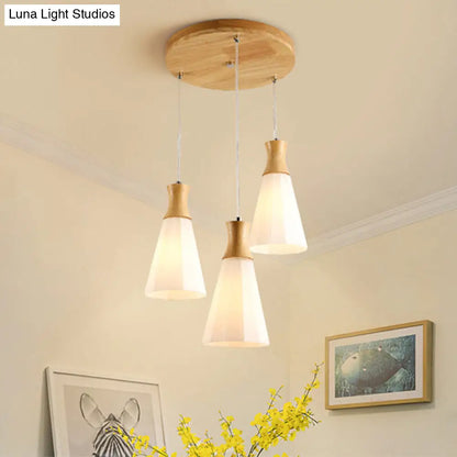 Nordic Opal Frosted Glass 3-Bulb Conical Ceiling Light Pendant with Wood Accents - Ideal for Dining Rooms