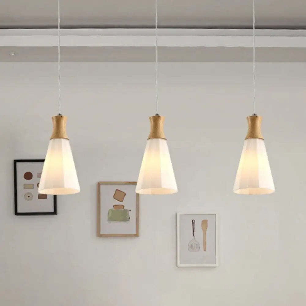 Nordic Opal Frosted Glass 3-Bulb Conical Ceiling Light Pendant with Wood Accents - Ideal for Dining Rooms