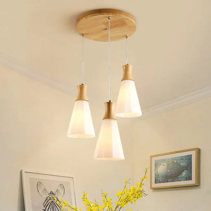 Nordic Opal Frosted Glass 3-Bulb Conical Ceiling Light Pendant with Wood Accents - Ideal for Dining Rooms