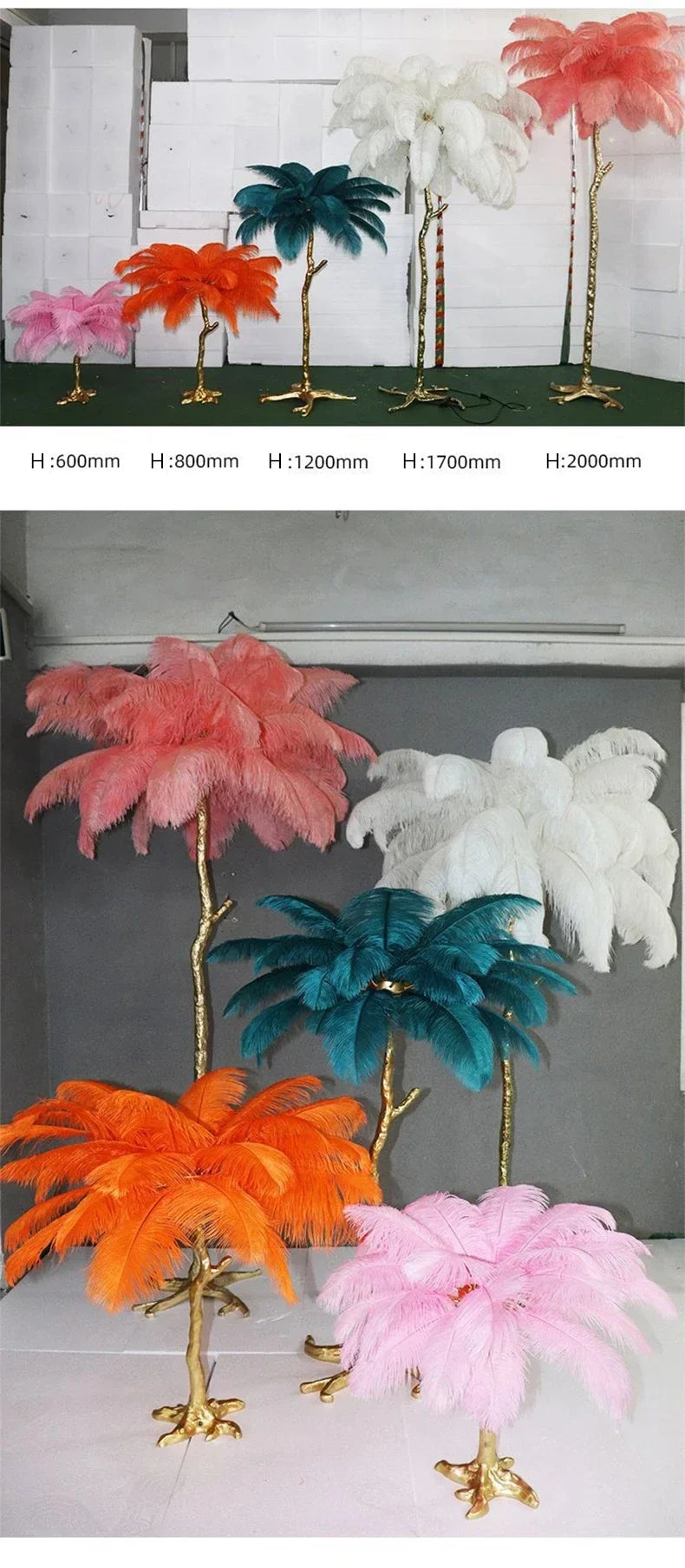 Nordic feather floor lamp with vibrant pink orange teal and white plumage and gold stems for living room decor