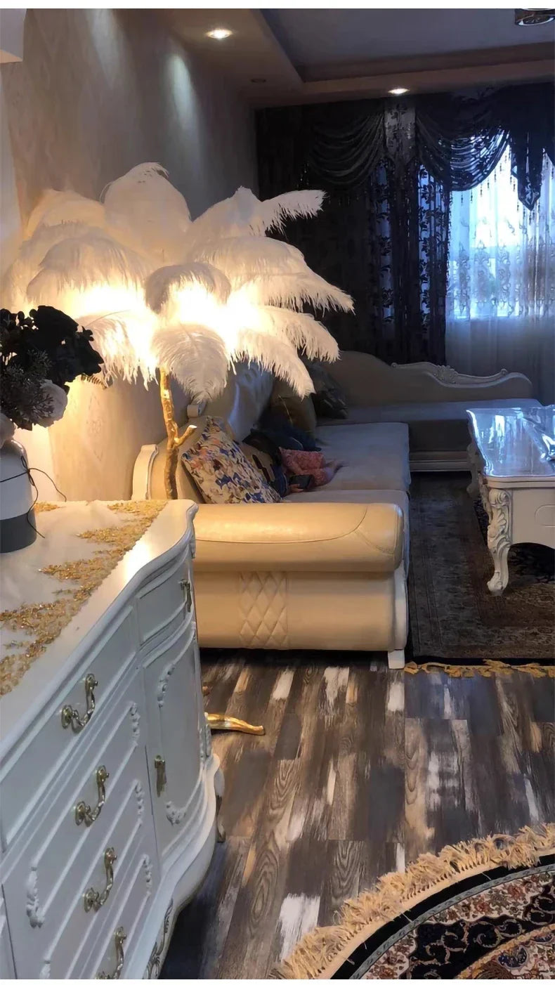 White feather floor lamp with golden base for living room sofa background and bedroom bedside lighting decor