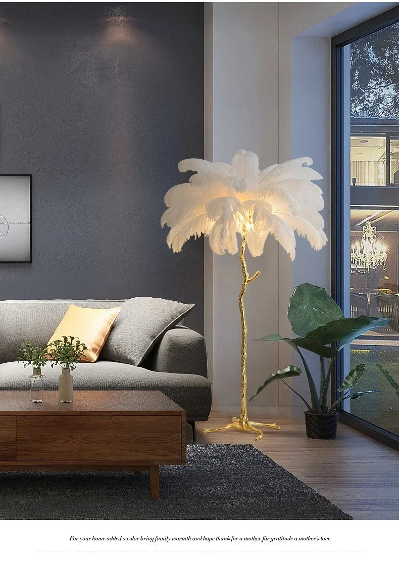 White feather floor lamp with a golden tree-like base ideal for living room and bedroom home decor lighting