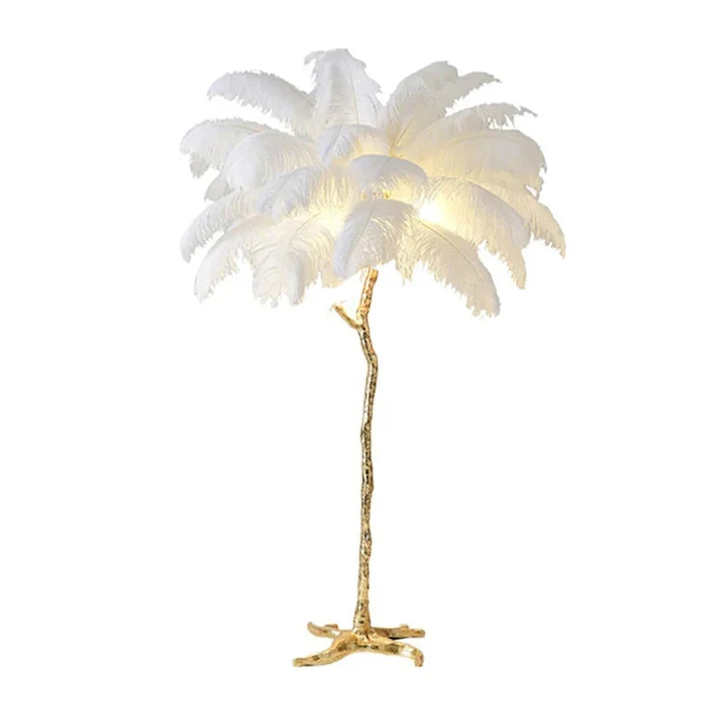 White ostrich feather floor lamp with gold-toned tree-like stand for living room and bedroom decor lighting