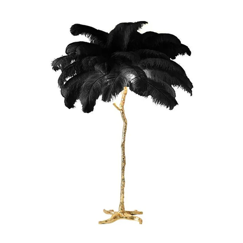 Elegant black feather floor lamp with ostrich feathers and a gold-toned tree-like stand for living room decor
