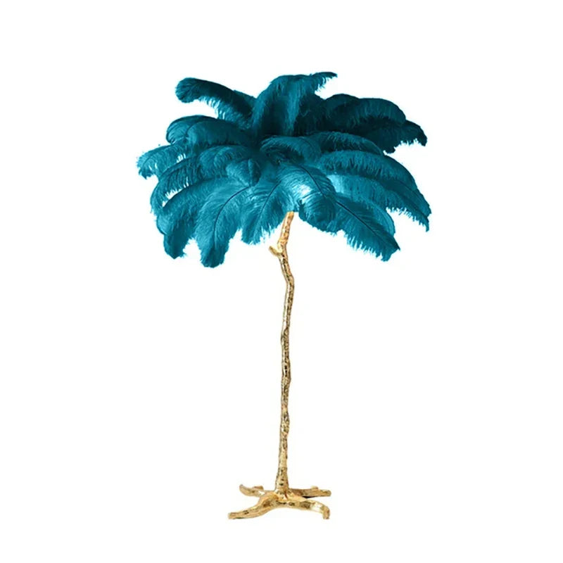 Teal ostrich feather floor lamp with gold-toned textured trunk and base for living room or bedroom decor lighting