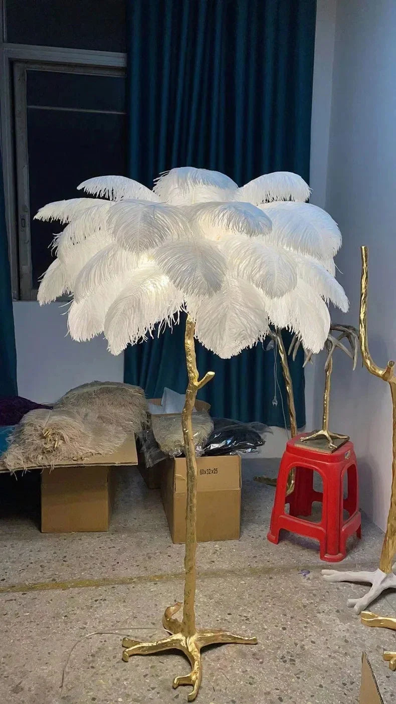White ostrich feather floor lamp with gold metal stand for living room sofa and bedroom bedside table lighting decor