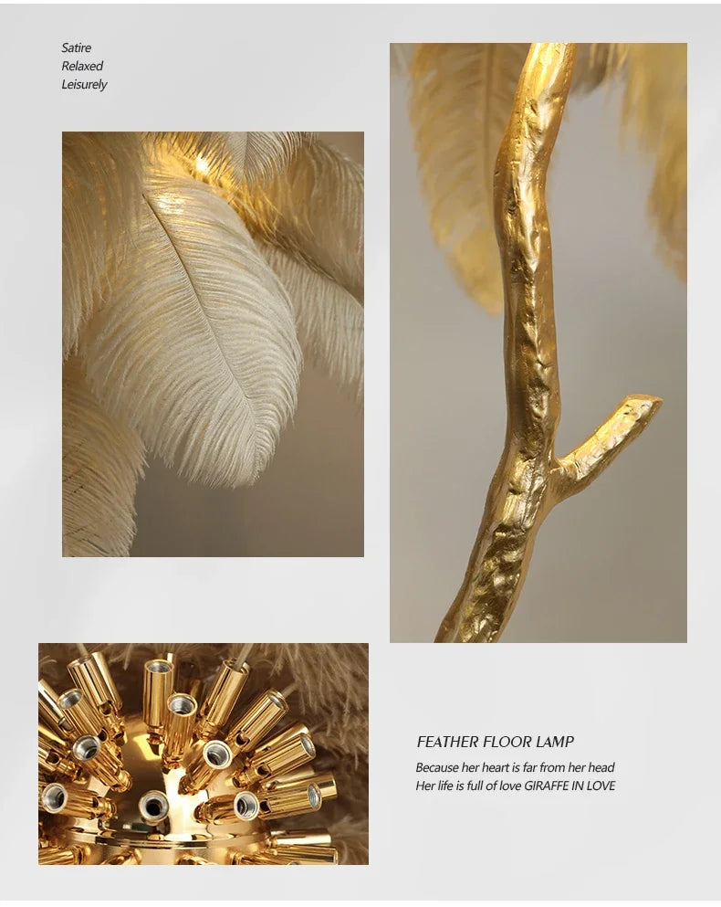 Nordic golden feather floor lamp with textured branch base and soft white feathers for living room decor