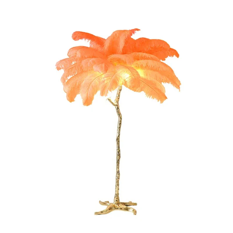 Nordic orangish-orange ostrich feather floor lamp with gold-toned branch-like stand for living room decor
