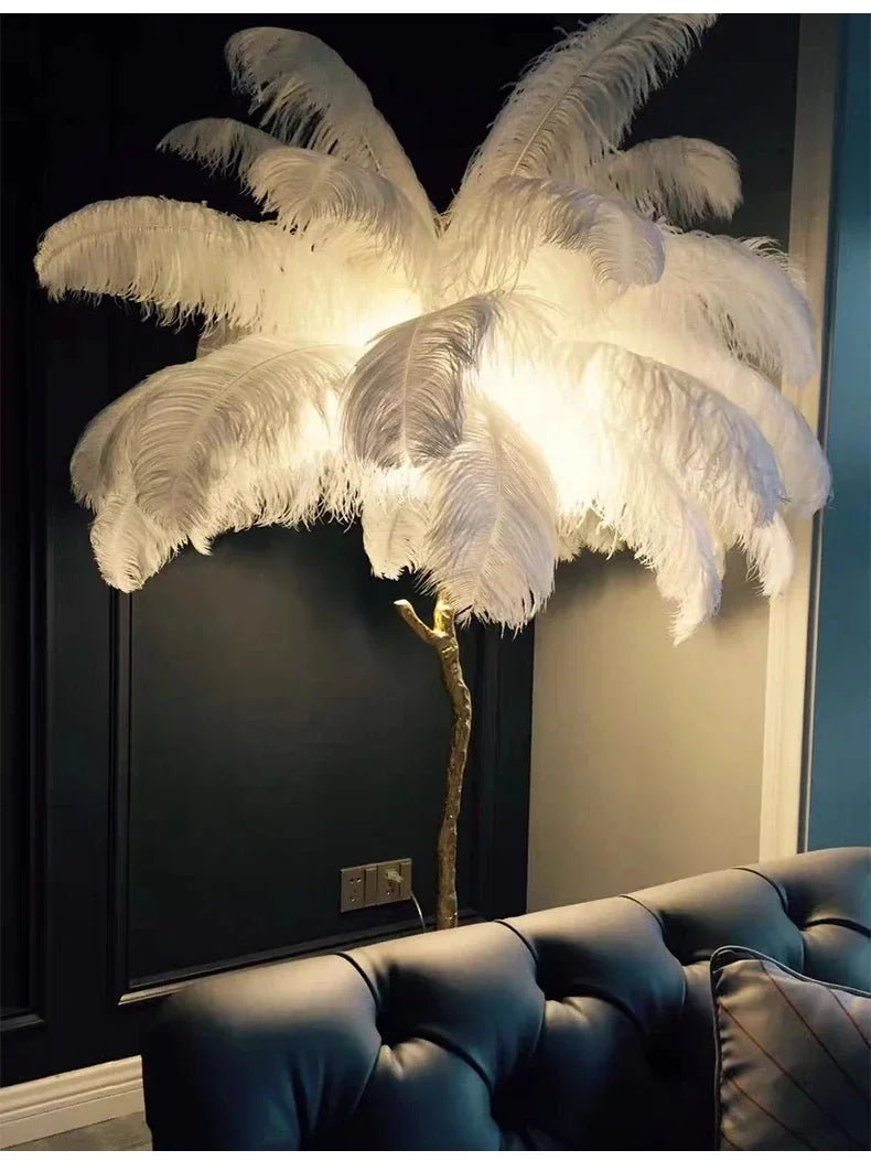 Nordic white ostrich feather floor lamp with gold-toned stem ideal for living room and bedroom decor lighting