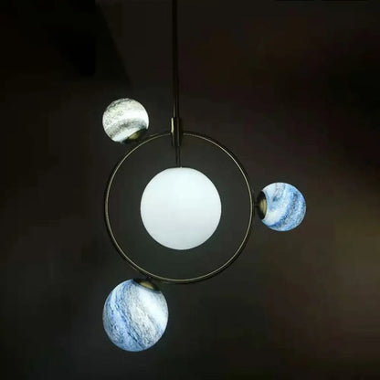 Nordic Planet Chandelier - White-Stained Glass Hanging Light Fixture in Brass - Ideal for Restaurants