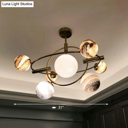 Nordic Planet Chandelier - White-Stained Glass Hanging Light Fixture in Brass - Ideal for Restaurants