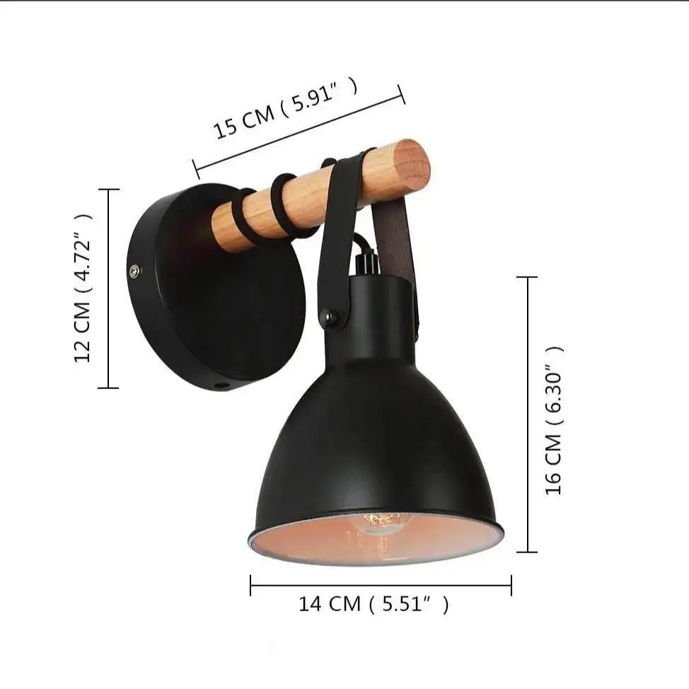Black metal wall sconce with wooden handle and leather strap in black finish for nordic plug-in wall sconce algunda plug