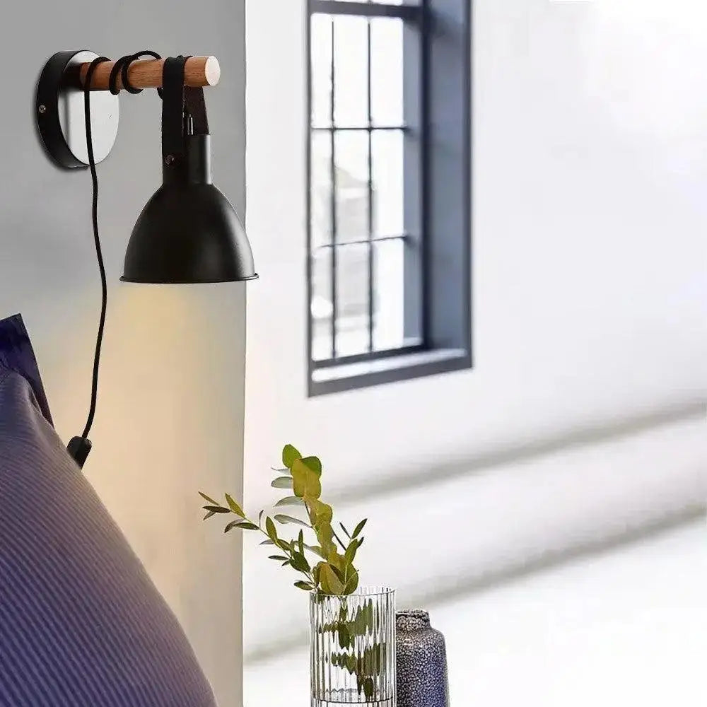 Black metal wall sconce with wooden handle and leather strap in black finish Nordic plug-in wall sconce