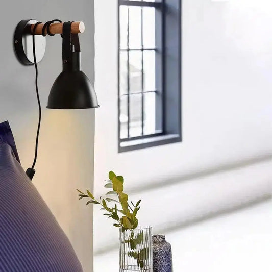Black metal wall sconce with wooden handle and leather strap in black finish Nordic plug-in wall sconce