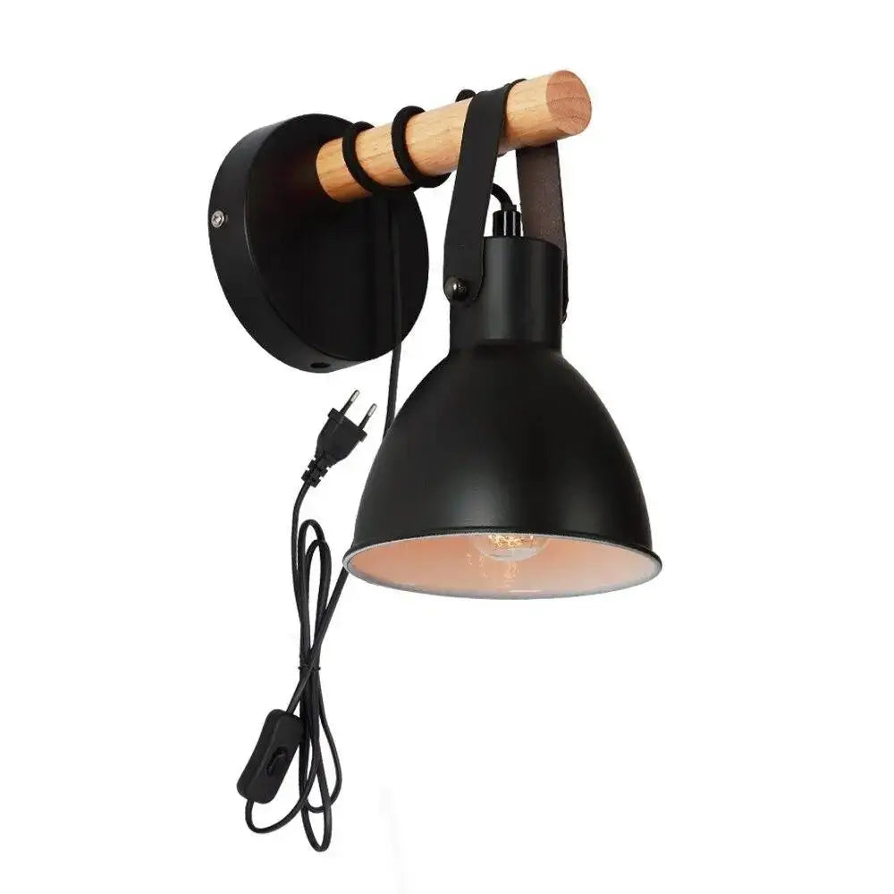 Black metal wall sconce with wooden handle and leather strap in black finish for nordic plug-in wall sconce algunda plug