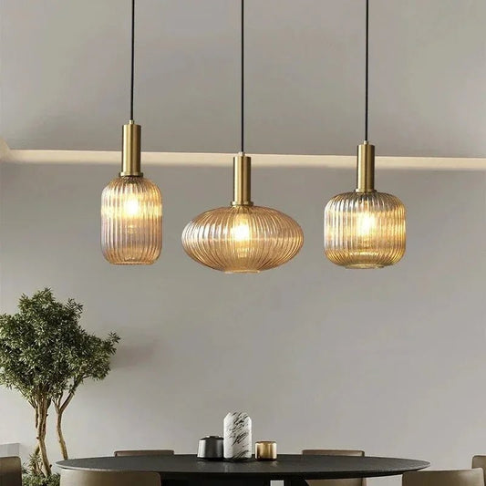 Nordic Ribbed Glass Pendant Light in Green, Grey or Amber - Decorbites