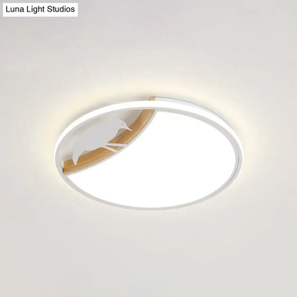 DecorBites™ DecorBites™ Nordic Round LED Flush Mount with Bird Deco - White/Grey/Green Acrylic Fixture