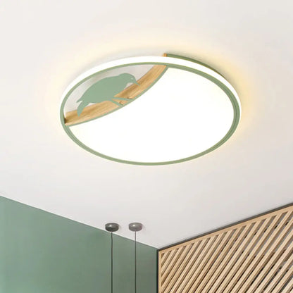DecorBites™ DecorBites™ Nordic Round LED Flush Mount with Bird Deco - White/Grey/Green Acrylic Fixture
