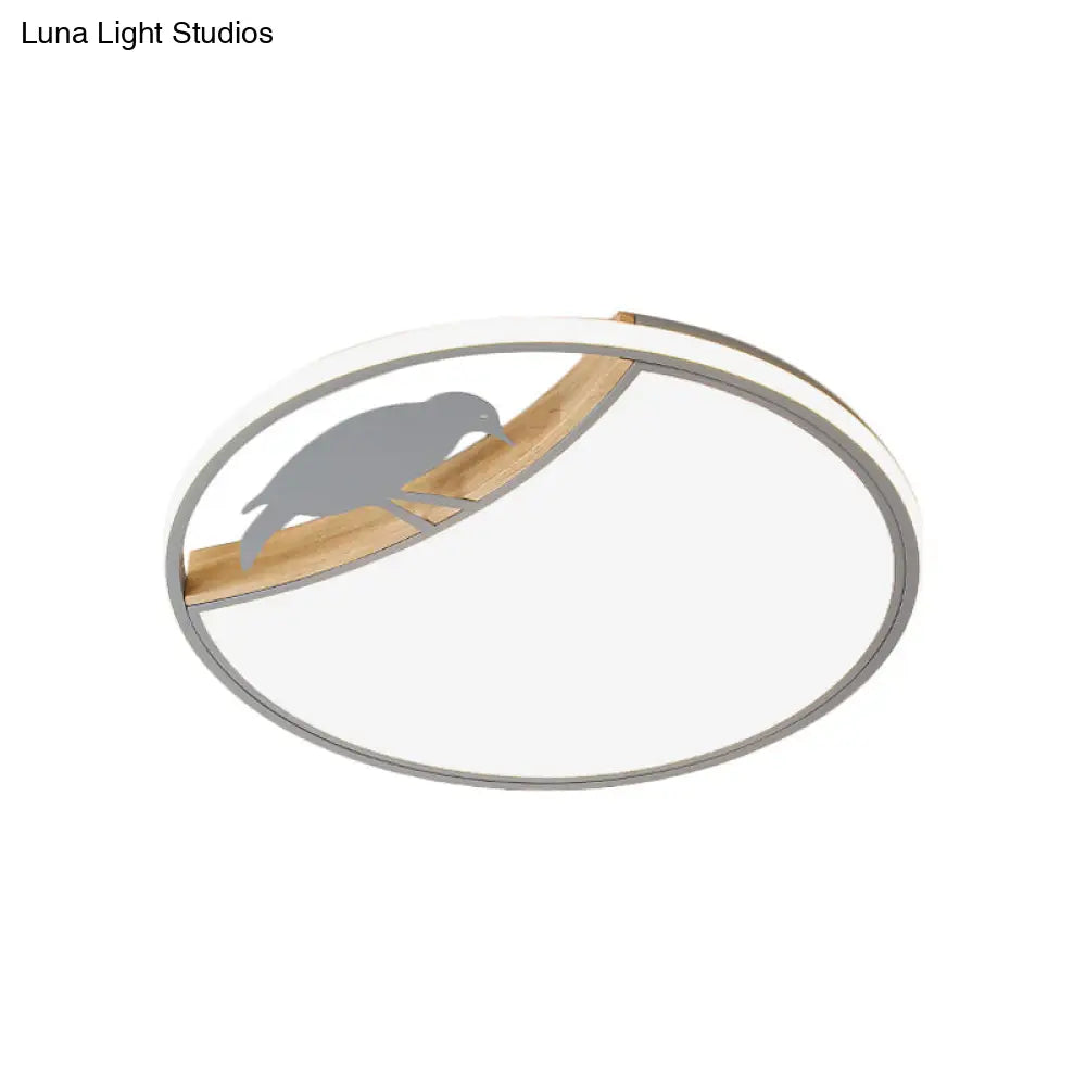 DecorBites™ DecorBites™ Nordic Round LED Flush Mount with Bird Deco - White/Grey/Green Acrylic Fixture