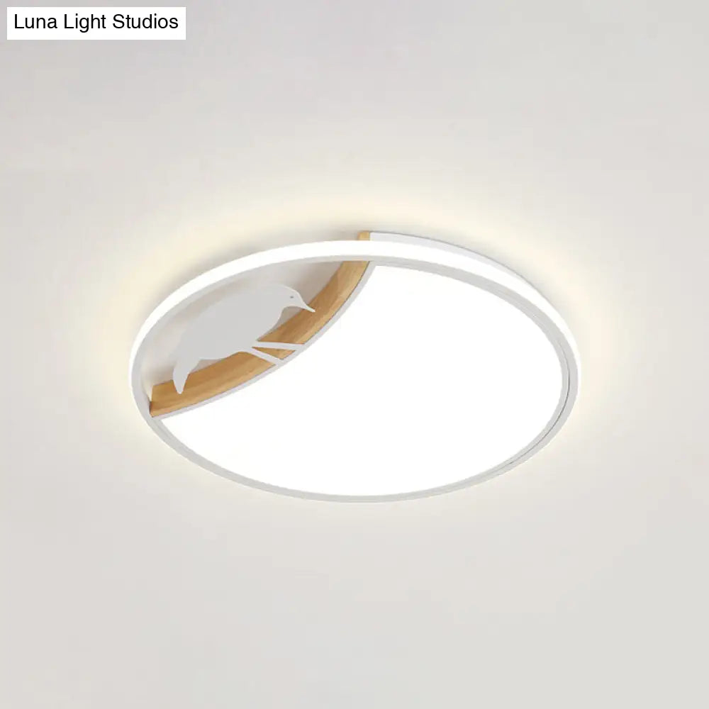 DecorBites™ DecorBites™ Nordic Round LED Flush Mount with Bird Deco - White/Grey/Green Acrylic Fixture