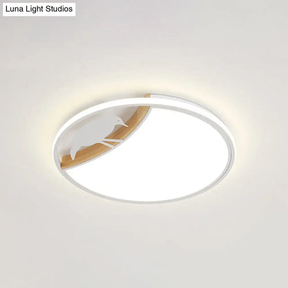 DecorBites™ DecorBites™ Nordic Round LED Flush Mount with Bird Deco - White/Grey/Green Acrylic Fixture