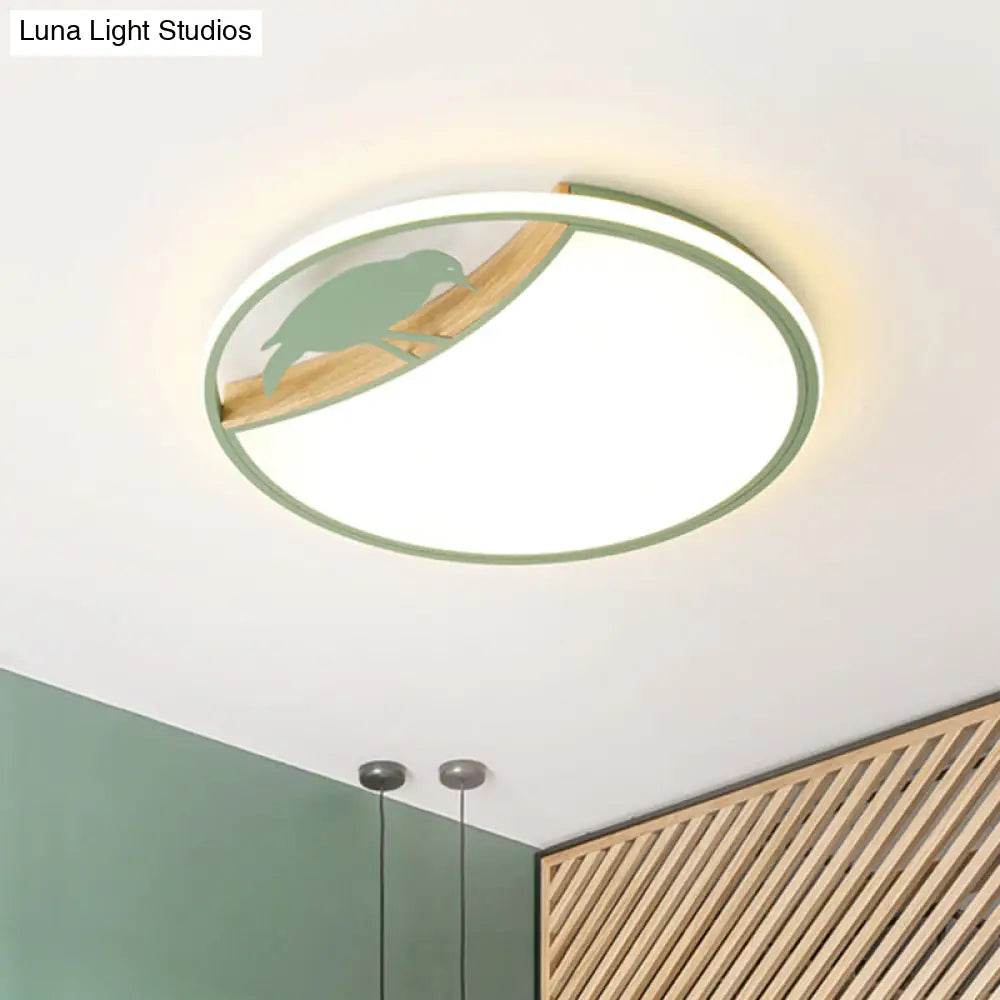 DecorBites™ DecorBites™ Nordic Round LED Flush Mount with Bird Deco - White/Grey/Green Acrylic Fixture