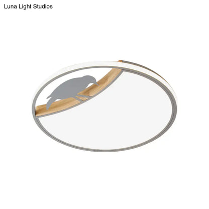 DecorBites™ DecorBites™ Nordic Round LED Flush Mount with Bird Deco - White/Grey/Green Acrylic Fixture