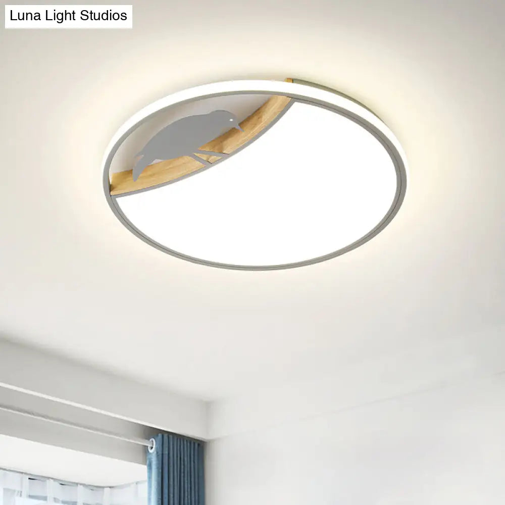 DecorBites™ DecorBites™ Nordic Round LED Flush Mount with Bird Deco - White/Grey/Green Acrylic Fixture