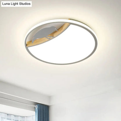 DecorBites™ DecorBites™ Nordic Round LED Flush Mount with Bird Deco - White/Grey/Green Acrylic Fixture