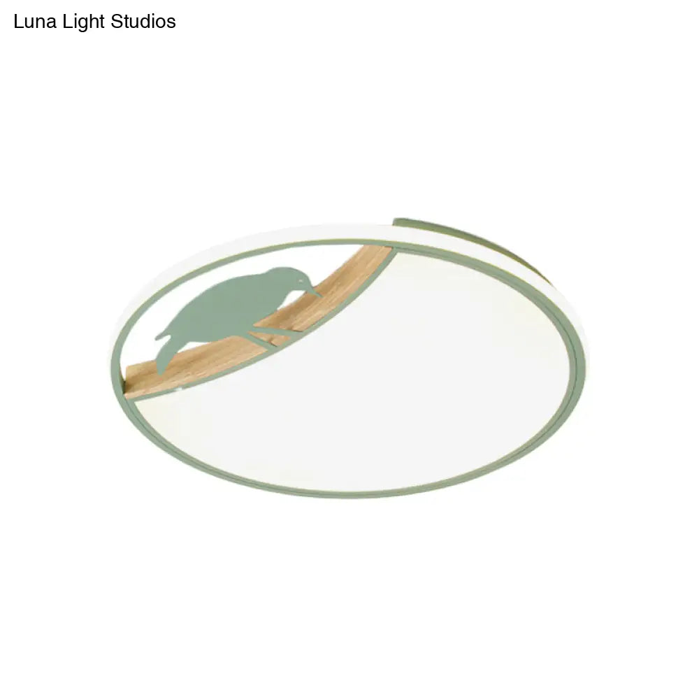 DecorBites™ DecorBites™ Nordic Round LED Flush Mount with Bird Deco - White/Grey/Green Acrylic Fixture