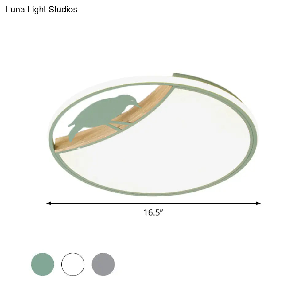 DecorBites™ DecorBites™ Nordic Round LED Flush Mount with Bird Deco - White/Grey/Green Acrylic Fixture