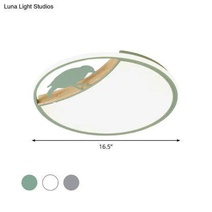 DecorBites™ DecorBites™ Nordic Round LED Flush Mount with Bird Deco - White/Grey/Green Acrylic Fixture