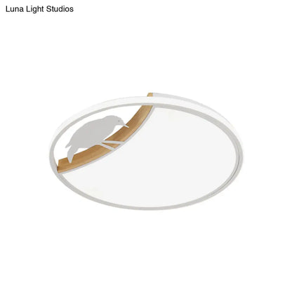 DecorBites™ DecorBites™ Nordic Round LED Flush Mount with Bird Deco - White/Grey/Green Acrylic Fixture