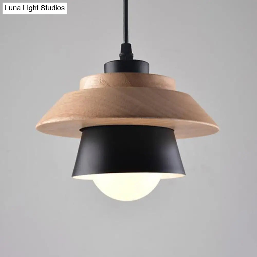 Nordic Saucer Cup Hanging Lamp - Metal & Wood Pendant Light Fixture