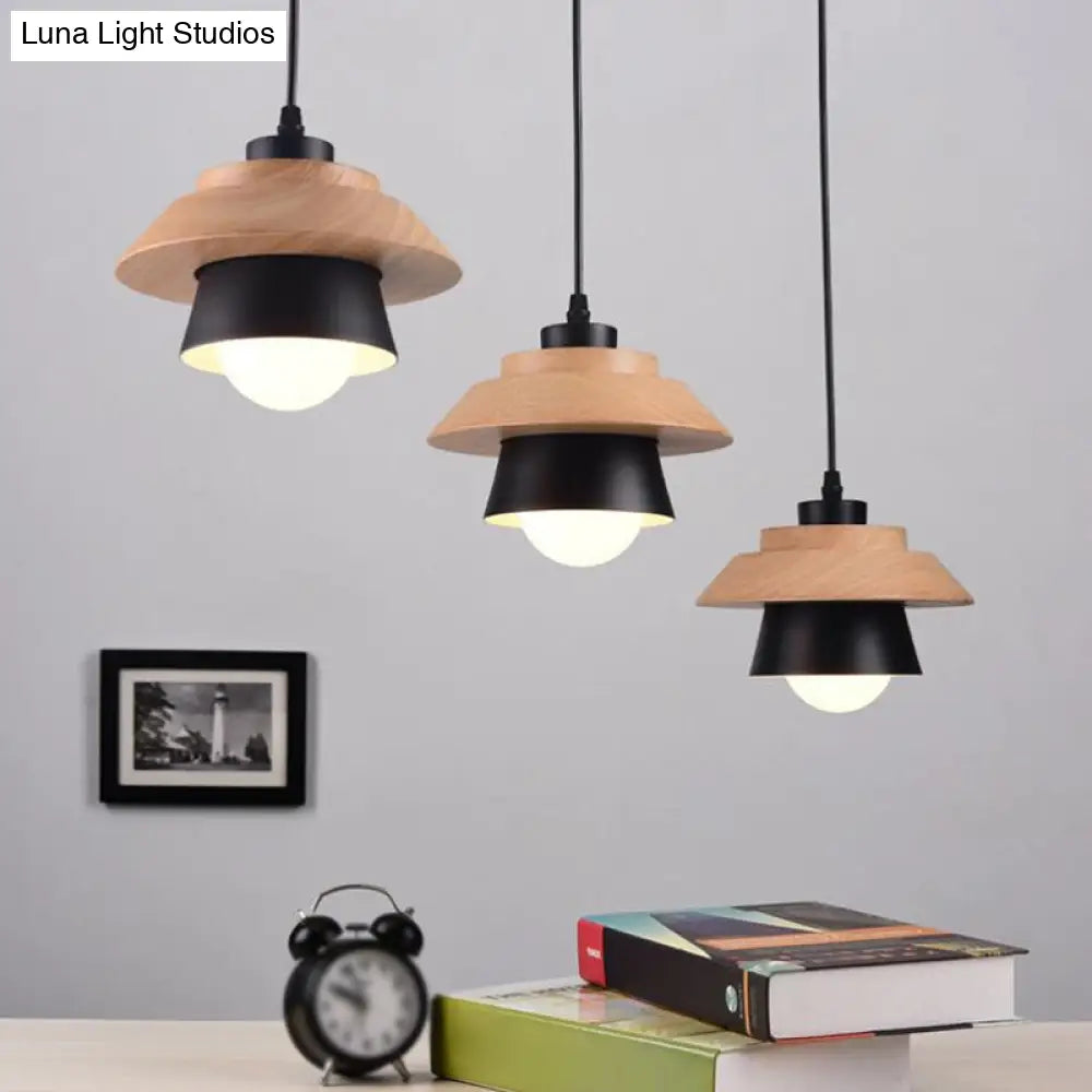 Nordic Saucer Cup Hanging Lamp - Metal & Wood Pendant Light Fixture